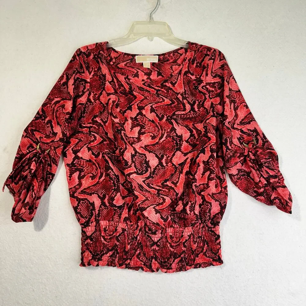 Michael Kors MK Black & Red Snake Skin Print Blouse 3/4 Roll Tab Sleeves Medium